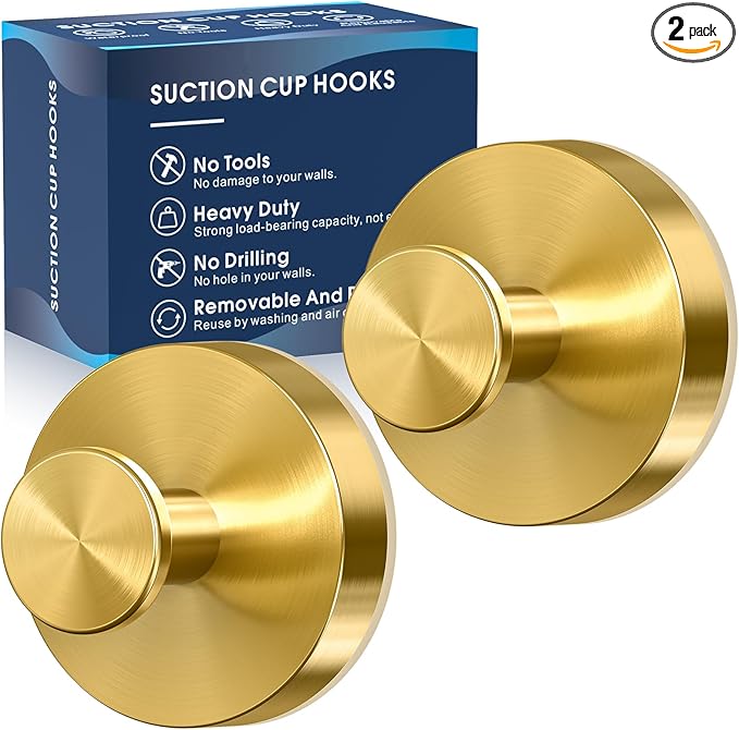 MOTAIPEAK Suction Cup Hooks for Shower,Removable Shower Towel Suction Hooks for Bathroom Wall,Kitchen,Glass,Mirror,Tile to Hang Robes,Loofah-Gold(2-Pack)