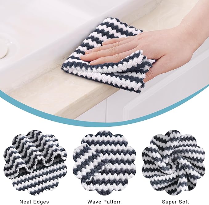 Homaxy 12 Pack Kitchen Dish Cloths, Ultra Soft and Absorbent Dish Towels, Reusable Fast Drying Microfiber Cleaning Cloth, Coral Velvet Wave Design No-lint, 10 x 10 inches, Dark Grey/Navy Blue/Beige