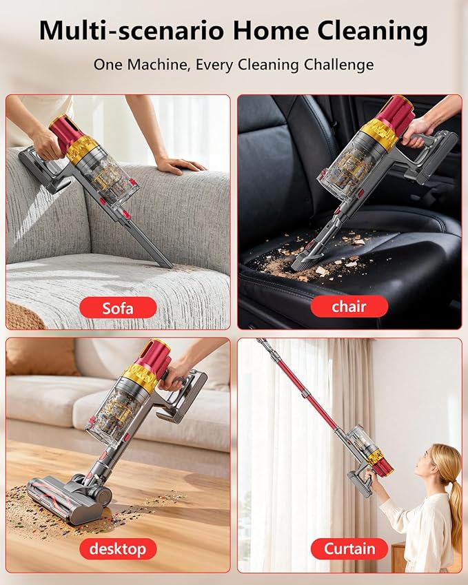 Cordless Vacuum Cleaner, 580W 48Kpa 65Mins Vacuum Cleaners for Home, Self-Standing Stick Vacuum with Auto Scrapping Dust Tech, Low Noise Rechargeable Cordless Vacuum for Hardfloor, Carpets, Pet Hair