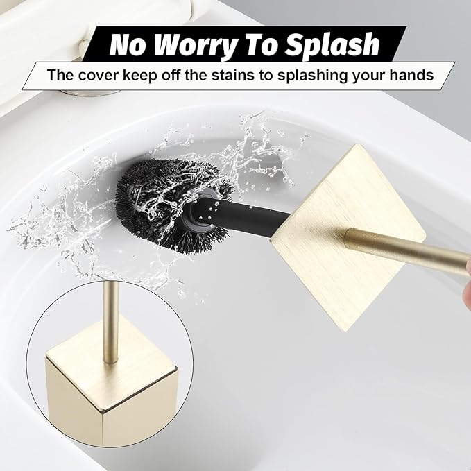 BGL Toilet Brush with Holder Set Brushed Gold Aluminium Standing for Bathroom Toilet Bowl Cleaner Brush and Holder Set, Square Design