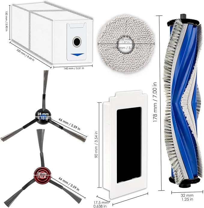 (23 Pack) M12 Pro+ Replacement Parts Compatible with ECOVACS DEEBOT T30 Omni/ T30 Pro Omni/Yeedi M12 Pro+ Robot Vacuum, 1 Roller Brush, 6 Side Brushes, 4 HEPA Filters, 6 Dust Bags, 6 Mop Pads