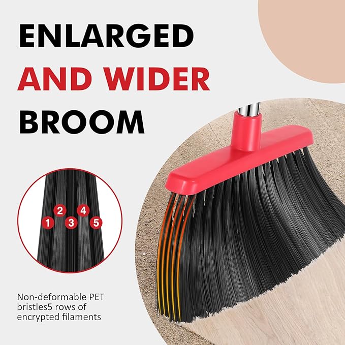 Heavy Duty Broom, 55 Inch Long Handle Outdoor Large Angle Brooms, Commercial Broom for Sweeping Indoor, for Home Garage Kitchen Office Courtyard Lobby Patio Lawn Concrete