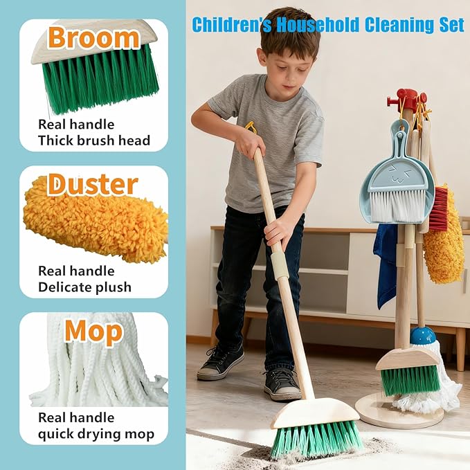 PetGlobal Kids Cleaning Set, 8 Pack Wooden Housework Cleaning Includes Broom Mop Duster Dustpan Brushes Rag and Organizing Stand, Solid Beech Wood , Cleaning Toys Gift for Toddlers Girls Boys Age 3-8