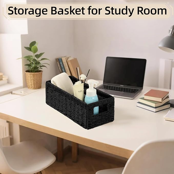 Paper Rope Storage Baskets with Handles, Wicker Storage Basket, Toilet Paper Basket for Toilet Tank Top, Bathroom Toilet Paper Storage Wicker Baskets for Organizing Shelves, 2-Pack, Black