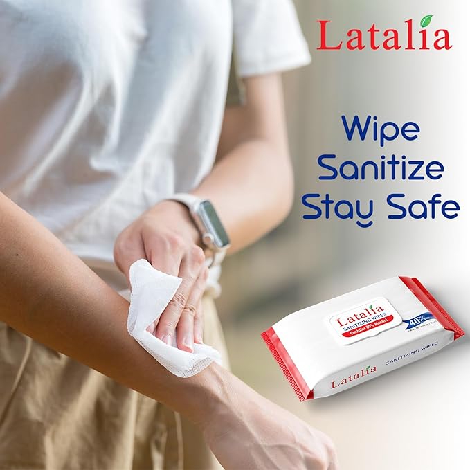 Latalia Hand Wipes Pack of 15 | 80% Alcohol Hand Sanitizer Wipes for Hands & Face Moisturizing, Gentle, Convenient and Fragrance Free (40 Counts)