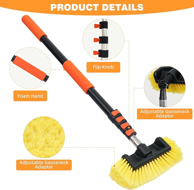 TOWBRUS 12FT/144inch Car Wash Brush with Long Handle Telescopic Pole Angle Adapter Car Cleaning Tool with 2 Pcs 12" Soft Bristle and Hard Bristle for Car Truck RV House Floor Window Glass Roof Pool