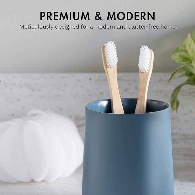 Yew Design Matte Blue Toothbrush and Toothpaste Holder and Cup for Bathroom Vanity and Countertop, Round Organizer for Electric Toothbrushes, Floss, Razors, Cotton, and Mouthwash