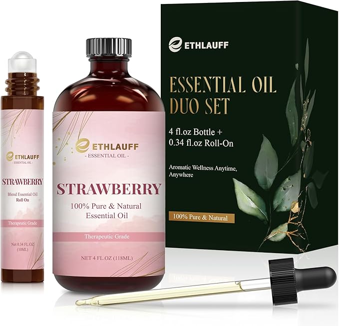 Strawberry Essential Oil (4 fl.oz Bottle + 0.34 fl.oz Roll-On) — Strawberry Oils for Aromatherapy, Diffusers, Humidifiers, Home fragrances, DIY Skincare, Candle, Soap Making, Relaxation, Yoga