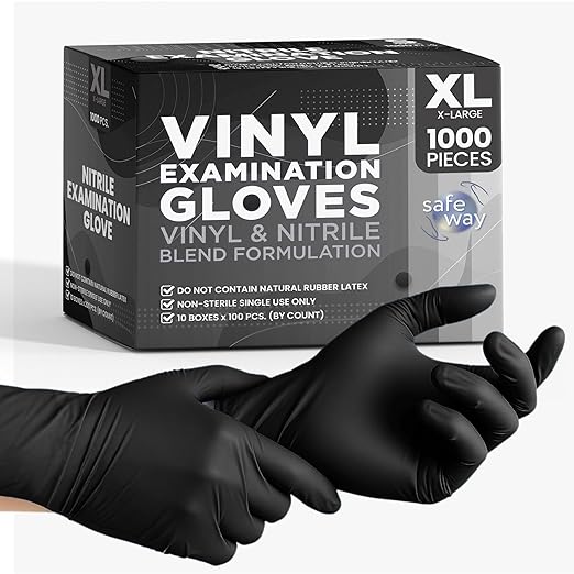 Nitrile-Vinyl Blended Disposable Gloves, Powder-Free & Non-Latex Gloves, 1000, Protective Gloves for Medical Exams, Cooking & Household Cleaning, 4 Mil Thick Non-Sterile Secure Grip Black, X-Large