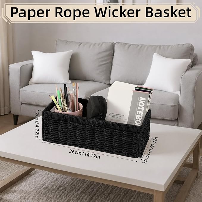 Paper Rope Storage Baskets with Handles, Wicker Storage Basket, Toilet Paper Basket for Toilet Tank Top, Bathroom Toilet Paper Storage Wicker Baskets for Organizing Shelves, 2-Pack, Black