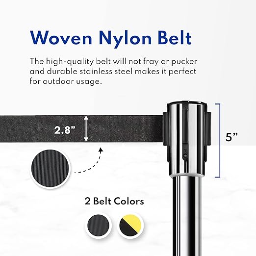 New Star Foodservice 1028911 Stanchions, 36-Inch Height, 6.5-Foot Retractable Belt, Set of 2, Hazard Belt Pattern