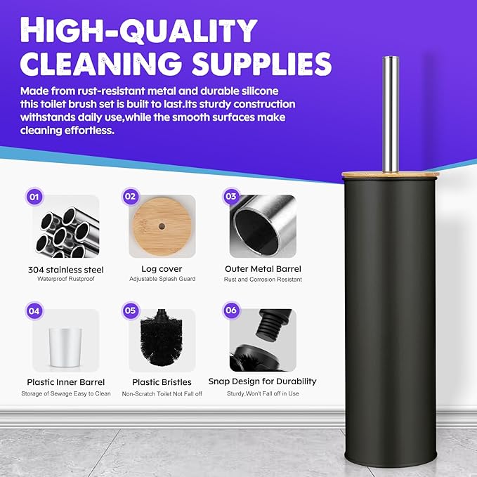 ODJSY Compact Toilet Brush & Holder,SetStainless Steel Handle Toilet Brush,Deep Cleaning,Durable Nylon Bristles,Splash-Proof Design(White&Black)