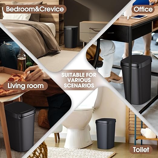 CEROELDA 3 Pack Slim Bathroom Trash Can, 10L/2.6 Gal with Press Top and Pop-up Lid, Plastic Wastebasket for Toilet, Office, Bedroom (Black)