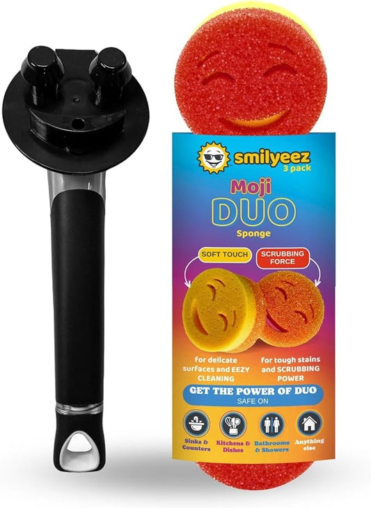 The Original Smiling Handle for Scrub Daddy (Reg. TM) Sponge and Scrub Moji Sponge - (Black Handle) & 3 Scrub Moji DUO's