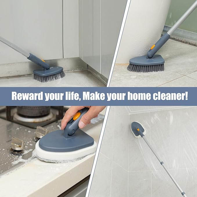 Shower Cleaning Brush,4 in 1 Tile Tub Shower Scrubber with 54.7'' Long Handle Stiff Bristles Sponge Brush Grout Brush Microfibe Pads for Bathroom Kitchen Toilet Wall Glass Tub Tile Sink