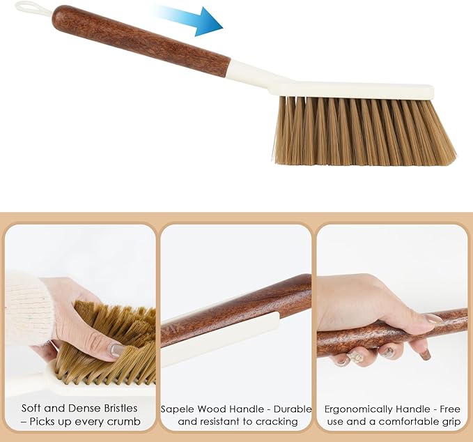 QUIVIX Hand Broom and Dustpan Set,Portable Small Dustpan and Brush Set with Sapele Wood Handle,Teeth Design,Compact Hangable Broom with Dustpan for Cleaning Desktops Kitchen Sofa Pet Hair,Beige
