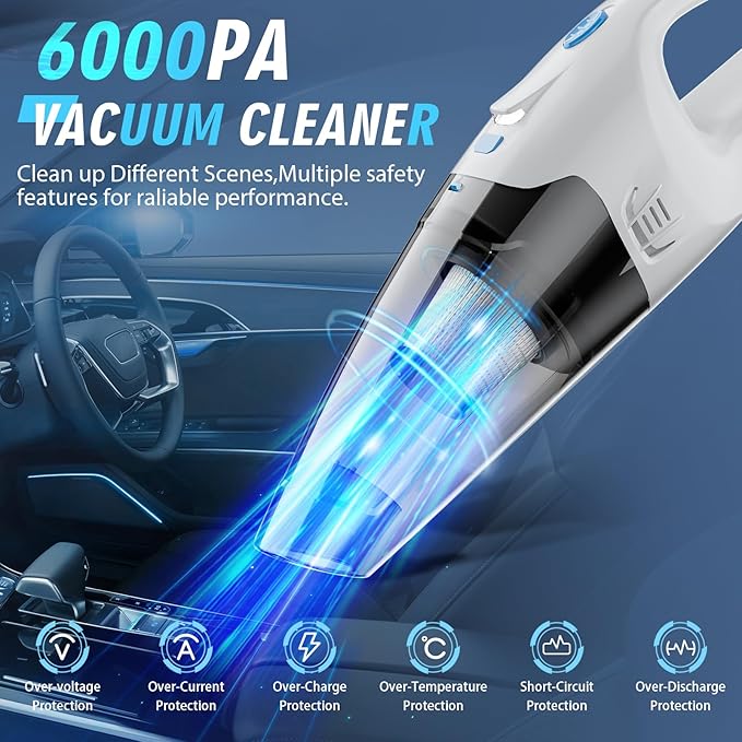 FUOAYOC Handheld Vacuum Cordless, 6KPA Strong Suction & 25 Mins Runtime, 1.6lbs Lightweight Hand Vacuum Cordless Rechargeable with HEPA Filter/LED Light/Multi-Accessories,for Home/Car/Office Cleaning