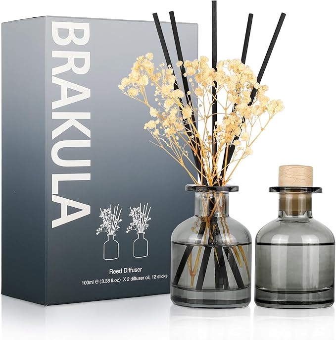 Brakula 2 Pack Reed Diffuser, Bamboo + Lavender Eucalyptus (3.38 fl oz Each Pack), Home Fragrance with 12 Sticks, Shelf Decor, Reed diffusers for Home
