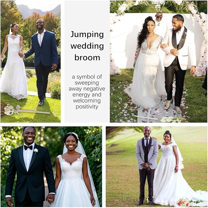 SISIMER Wedding Broom African Jumping Ceremony Decorative Broom DIY Wedding Decor, White Tulle Accents with Pearl Gold Ribbon Artificial Flower Bouquets