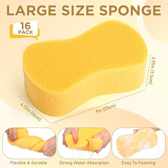 Tioncy 16 Pcs Giant Bone Sponge Bulk 9 x 4.7 x 3 Inch Jumbo Large Car Wash Sponge All Purpose Easy Grip Thick Foam Scrubber for Car Boat Garage Hotel Household Cleaning & Washing (Yellow)