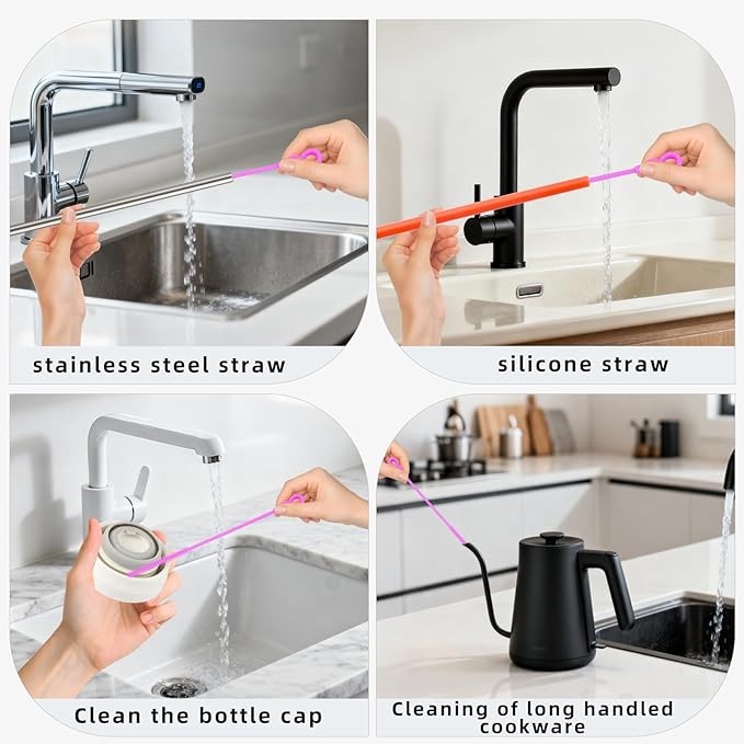 TenderBloom Silicone Straw Cleaner Brush, 4-Piece Reusable Straw Brush Set with Extra-Long Design for Cleaning Thin Metal Straws and Wider Milkshake Straws （6mm+9mm Purple)