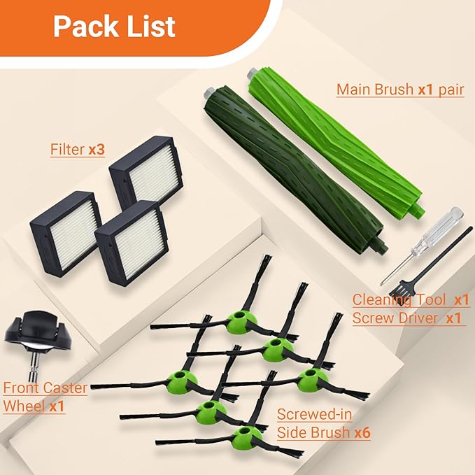 Yojolee Replacement Parts Compatible with iRobot Roomba J7 J7+ J5 J5+ J6 J6+ J8 J8+ J9 J9+ i e j series Vacuum Cleaner Accessories Kit,Front Caster Wheel,Rubber Brushes,3 HEPA Filters,6 Side Brushes