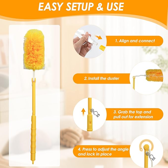 NEWE Dusters for Cleaning with 20 Refills for Flash, Dust Magnet with 1 Handle, 360 Degree Heavy Duty Microfibers Dusting Kit for Cleaning Blinds Bookshelf Furniture (Yellow)