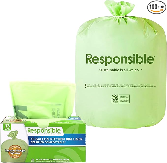 Responsible Products Kitchen Bin Liners, Certified Compostable, Heavy Duty Multipurpose Food Scrap Bags, Made from Compostable Materials (13 Gallon, 13 Gallon (38 Count))