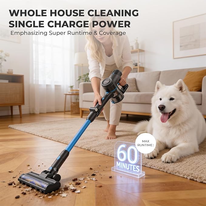 Apical Life Cordless Vacuum Cleaner, 23Kpa 300W Stick Vacuum with Foldable Tube, 45 Mins Runtime, LED Headlight, HEPA Filter, Wall-Mounted Storage, 3-in-1 for Carpet and Hard Floor