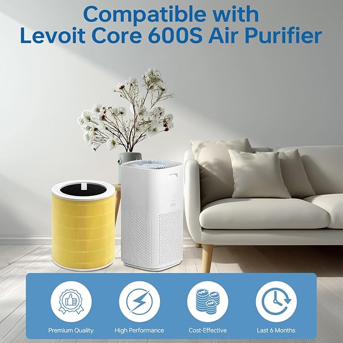 Core 600S Replacement Filter Compatible With Levoit Core 600s, 3-In-1 High-Efficiency Filter And Activated Carbon Filter, Part#Core 600S-Rf for Home Dust/Smoke Odors/Pet Dander Removing, 2Pack, Yellow