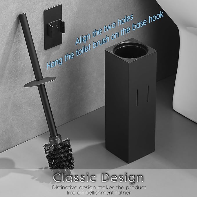 Brushed Gold Stainless Steel Toilet Brush, Square No-Punch Hook Base Toilet Brush Holder Removable Inner Bucket and Splash Proof Cover - Soft Bristles (Non-Drill Square Plastic caps Black)
