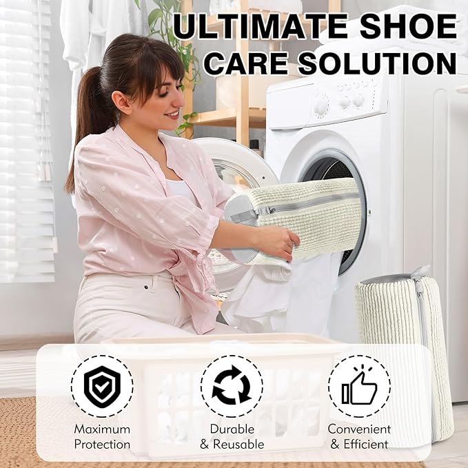 Shoe Washing Machine Bag Upgrade Version Laundry Shoe Bag for Washer and Dryer 100% Safe and Easy Shoe Cleaning 1 Pair (Beige, One Size)
