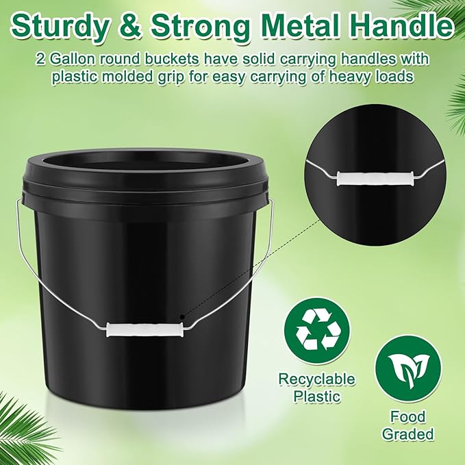 Tioncy 24 Pcs 2 Gallon Plastic Bucket with Lid Heavy Duty 2 Gallon Bucket Pail with Lid Handle for Storage Container Home Household Cleaning (Black)