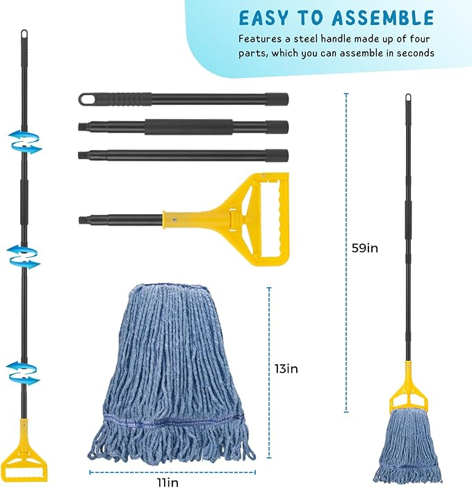 Commercial Mop for Floor Cleaning, 59'' Heavy Duty Industrial Mops with Long Handle, Cotton String Wet Mop for Garage, Office, Warehouse, Home, Workshop (2 Mops Head)