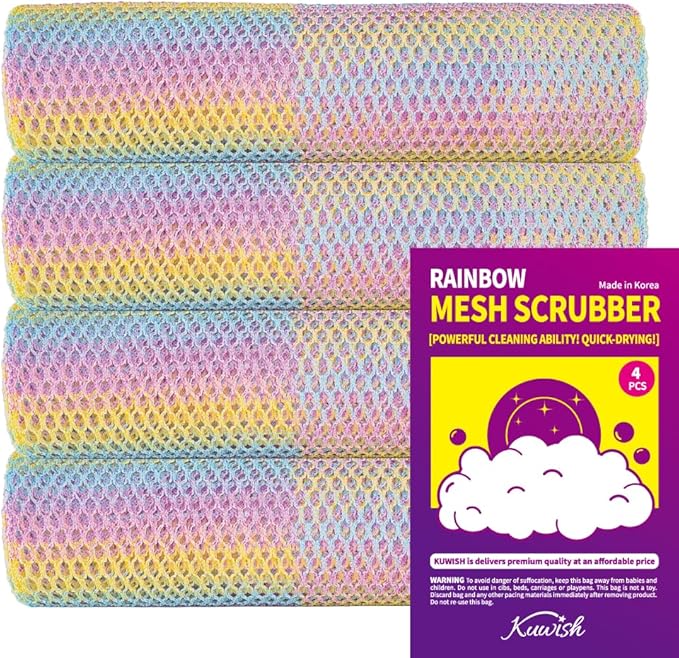 Kuwish Rainbow Mesh Scrubber Set - 4 Pack Multi-Color, Multi-Purpose, Durable and Non-Scratch Cleansing Sponges for Kitchen, Bathroom, and Home Cleaning Essentials
