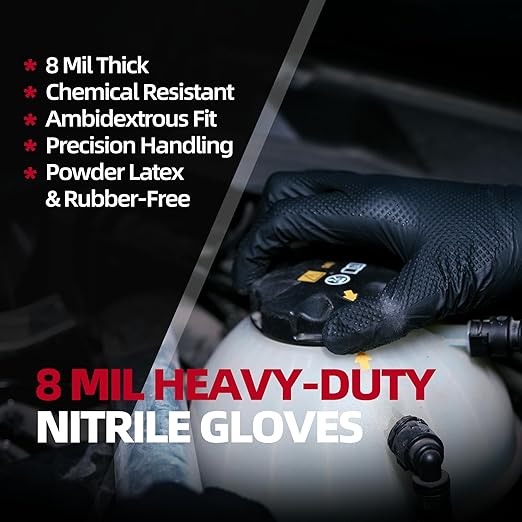 Jointown Basic Heavy Duty Nitrile Gloves, Mechanic Gloves 8 Mil Nitrile Disposable, with Raised Diamond Texture, Case of 500, Black, Medium