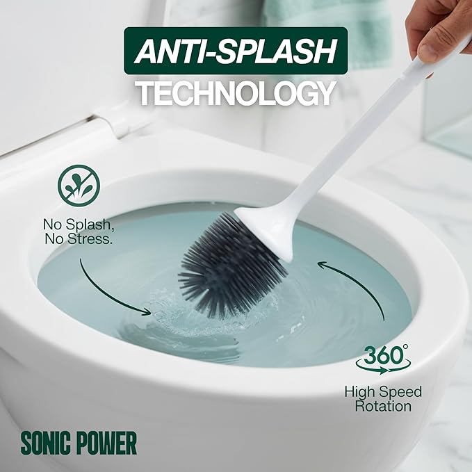 SonicPower Electric Toilet Brush & Scrubber – Self Cleaning Silicone Toilet Bowl Brush with UVC Light, Rechargeable Wireless Spinning Toilet Brush & Holder Set, Wall Mount or Floor Standing (2 Pack)