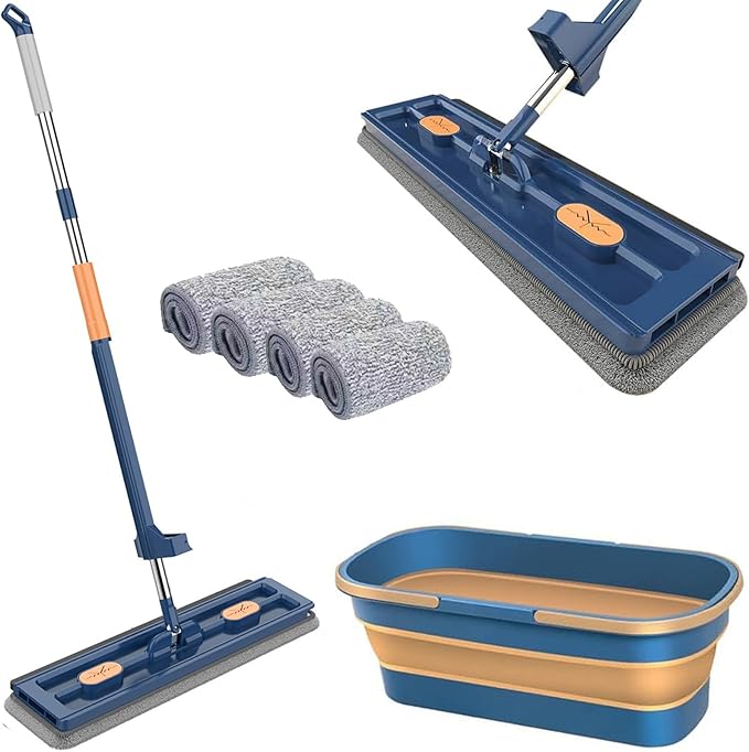 AQWEI Large Flat Mop with Bucket, 54" Large Flat Mop with Wringer, Wet and Dry Large Flat Mop with 4 Microfiber Pads (Blue)