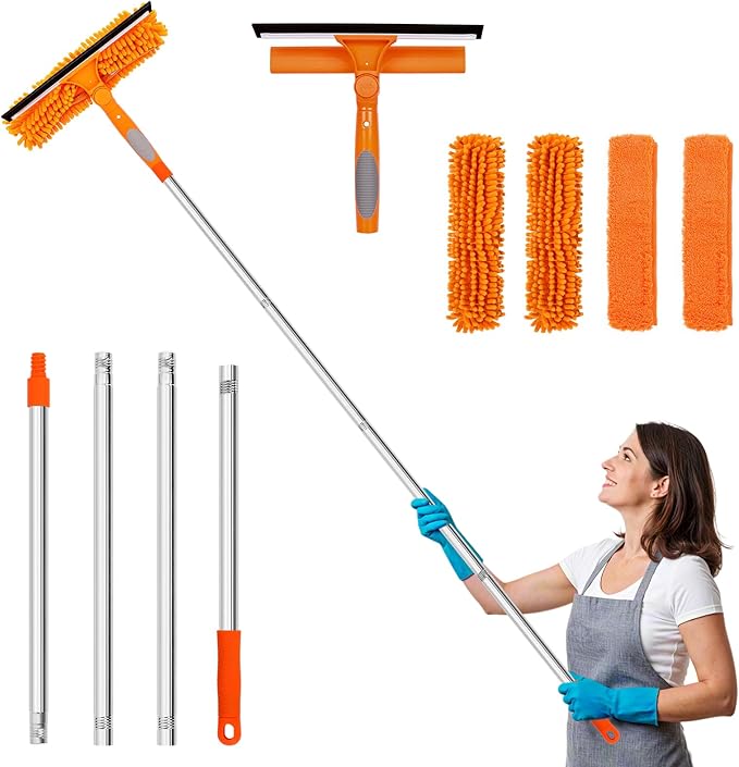 PHABULS Window Washing Kit with Extension Pole, 73’’ Window Cleaning Squeegee Kit, 3 in 1 Window Cleaning Kit with 2 Microfiber Pads & 2 Chenille Pads for Indoor Outdoor Windows