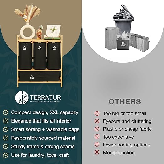 4 Section Recycling Bin for Kitchen – Dual Trash and Recycle Bins for Paper, Plastic, Cans – Indoor Bamboo Recycling Organizer – Decorative Wooden Recycle Bins for Kitchen & Office