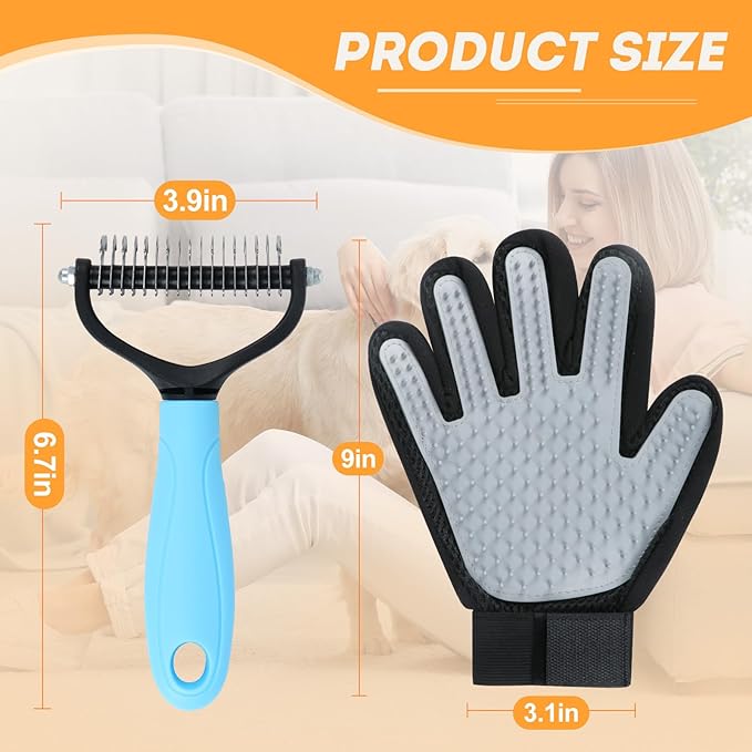 ZQJKLE Cat & Dog Grooming Gloves for Shedding Brushes 1 Pair and Pet Grooming Rake 1PC, Double Sided Dematting, Deshedding Brush & Massage, Safe for Dogs & Cats