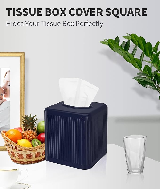 Livelab Tissue Box Cover with Base, Square Plastic Tissue Box Holder Decorative Tissue Box Case Modern Facial Paper Dispenser for Bathroom, Vanity Countertops, Night Stands, Desk - Navy Blue
