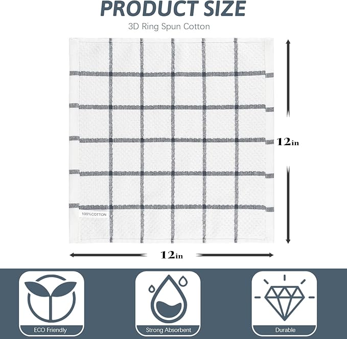 Nialnant Cotton Terry Dish Cloths,8 Pack Dish Rags for Washing Dishes,Super Soft and Absorbent Cleaning Rags - Grey Plaid