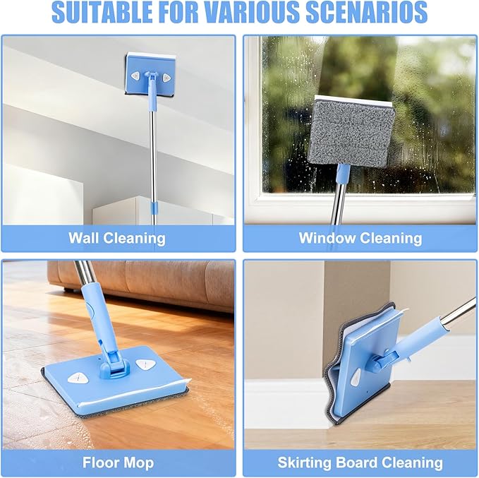 CALBEAU Wall Cleaner Mop with Long Handle 86 Inches, 4-in-1 Ceiling Cleaning Tool Duster with 8 Replacement Microfiber Chenille Pads for Walls, Baseboard, Ceiling, Window, Floor, Cabinet (Light Blue)