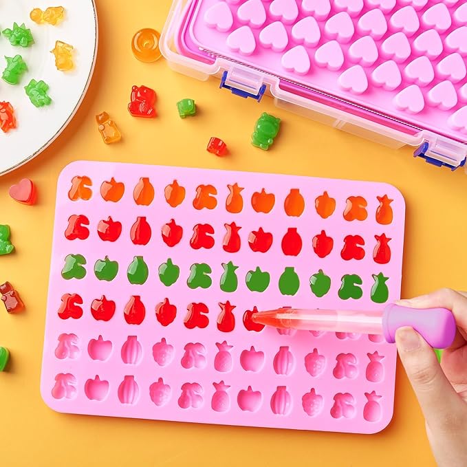 6 Pcs Mini Gummy Candy Molds Set, Silicone Bear Donut Dinosaur Fruit Snack Molds with 4 Droppers, Storage Box and Brush for Small Jello Candy Chocolate Gummy