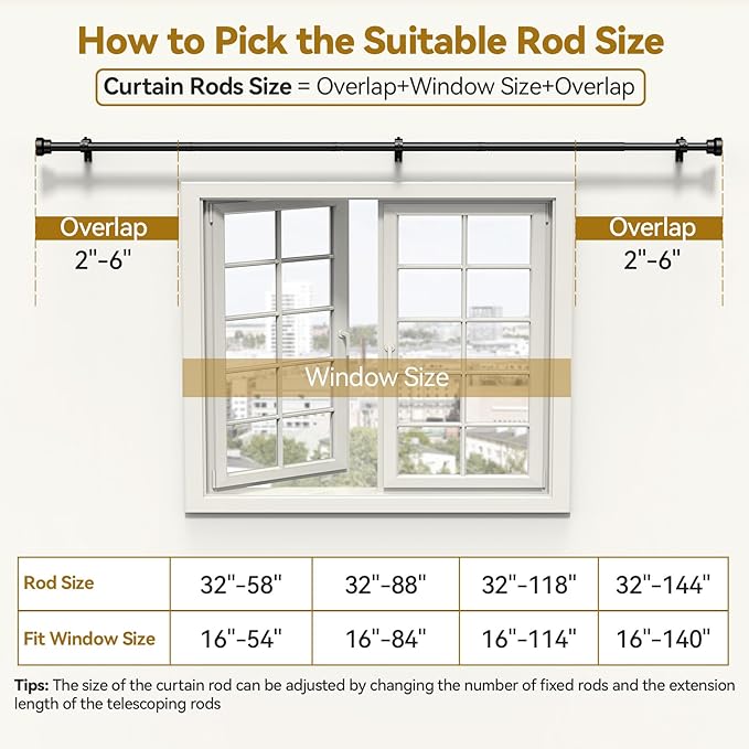 Curtain Rod 32-58 Inch, Heavy Duty 1 Inch Adjustable Curtain Rods for Windows, Black Short Window Treatment Rods, Modern Design, Easy Installation