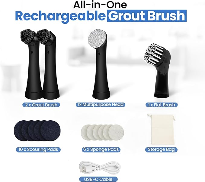 BEEST GroutCare 14000 Rechargeable Electric Spin Scrubber - Bathroom Cleaning Brush w/ 4 Replaceable Heads, Dual Speed, IPX6 Waterproof - Cordless Shower Scrubber for Bathtub, Grout, Tile, Kitchen
