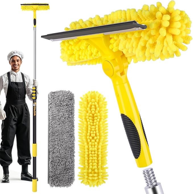 225'' Long Reach Window Squeegee with Telescoping Extension Pole, 2-in-1 Indoor/Outdoor Cleaning Tool with 270° Rotatable Head, Lightweight Alloy Aluminum Pole for Shower Door, Mirror, Car Windshield