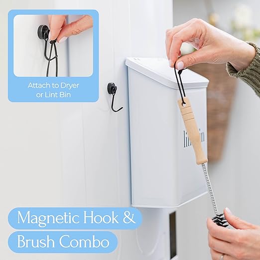 Magnetic Lint Bin for Laundry Room Organization and Storage, Includes Magnetic Hook & Lint Brush, Wall-Mounted Laundry Dryer Bin for Laundry Room Decor, Space-Saving Trash Can (Matte White)