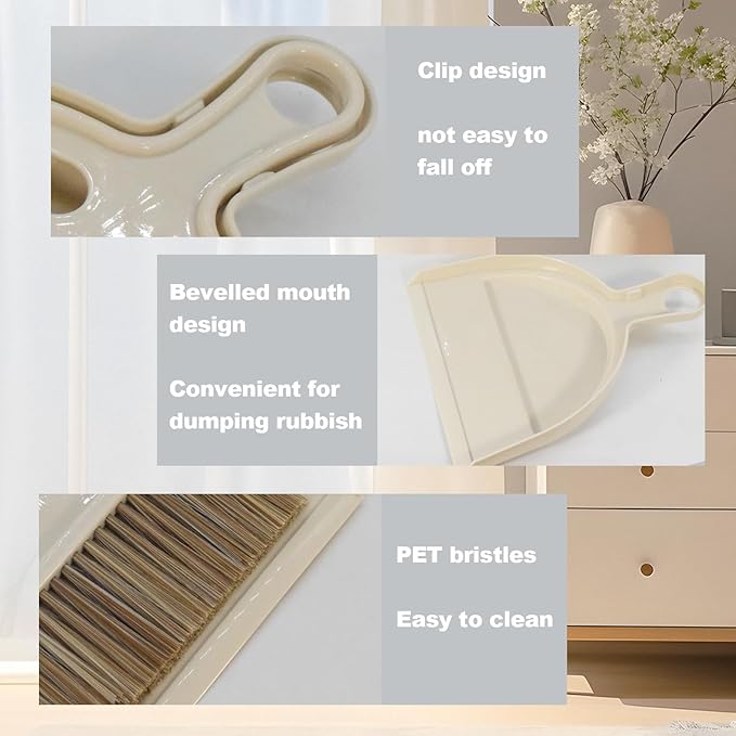 BSMstone Mini Broom and Dustpan Set Hand Broom with Dustpan Portable Housekeeping Cleaning Tools for Desk,Counter,Sofa,Kitchen,Office,Nest (Off White)